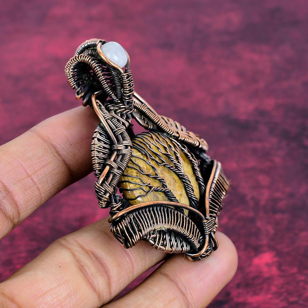 Lebensbaum Fossil Koralle Anhänger Kupferdraht umwickelt Regenbogen Mondstein Schmuck