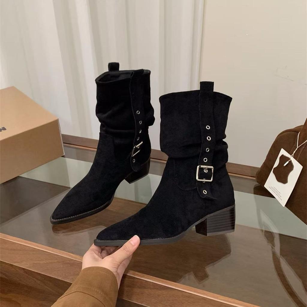 High Heel Pointed Skinny Suede Martin Boots Women's Boots 2026 Autumn/Winter Western Cowboy Medium Boots Pile Boots Short Boots