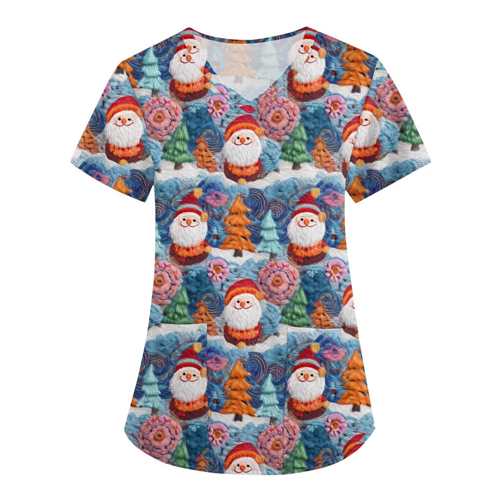 Women's Fashion V-Neck Short Sleeve Overalls With Pockets Christmas Printed Tops  Clothes