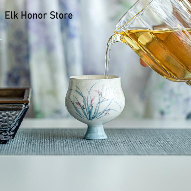 65ml Pure Hand-painted Orchid Ceramic Teacup Drawing Platinum Barbarian Waist Cup High Foot Master Cup Kung Fu Teaware Gifts