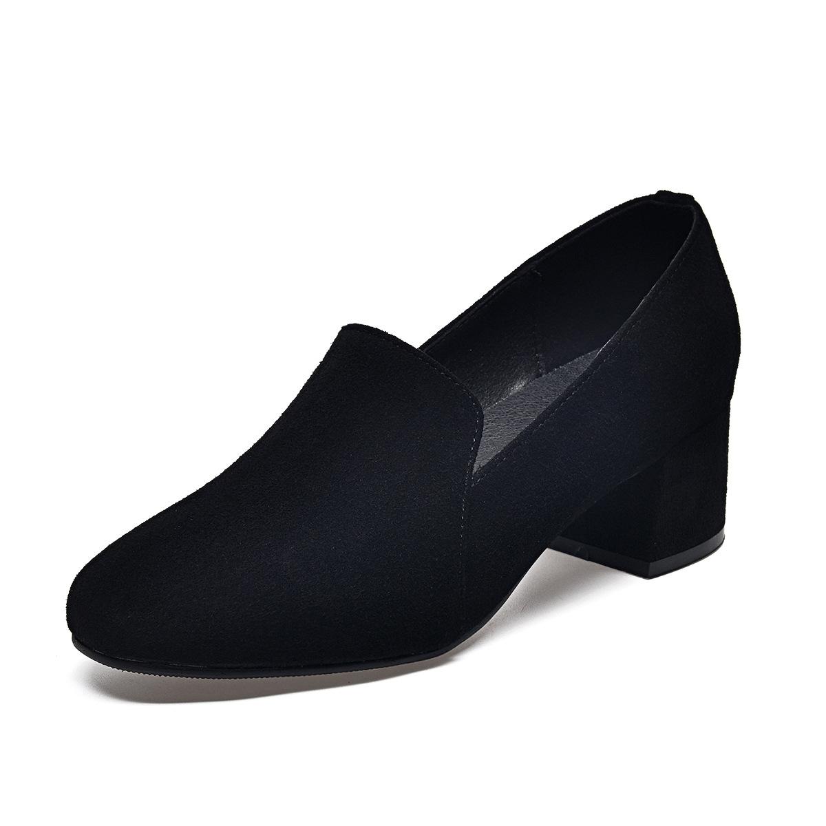 

Женские туфли на высоком каблуке, осенние туфли-лодочки с глубоким вырезом, с круглым носком, на толстом каблуке, из черной овчины, простые рабочие туфли 40 чёрный