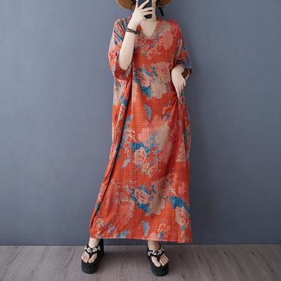 Summer Casual Artistic Plus Size Loose Print V-neck Short Sleeved Dress