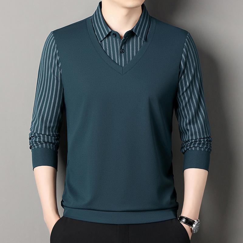 Fake Two-Piece Knitted Sweater Business Casual T-Shirt Loose Men'S Long-Sleeved Polo Shirt Base