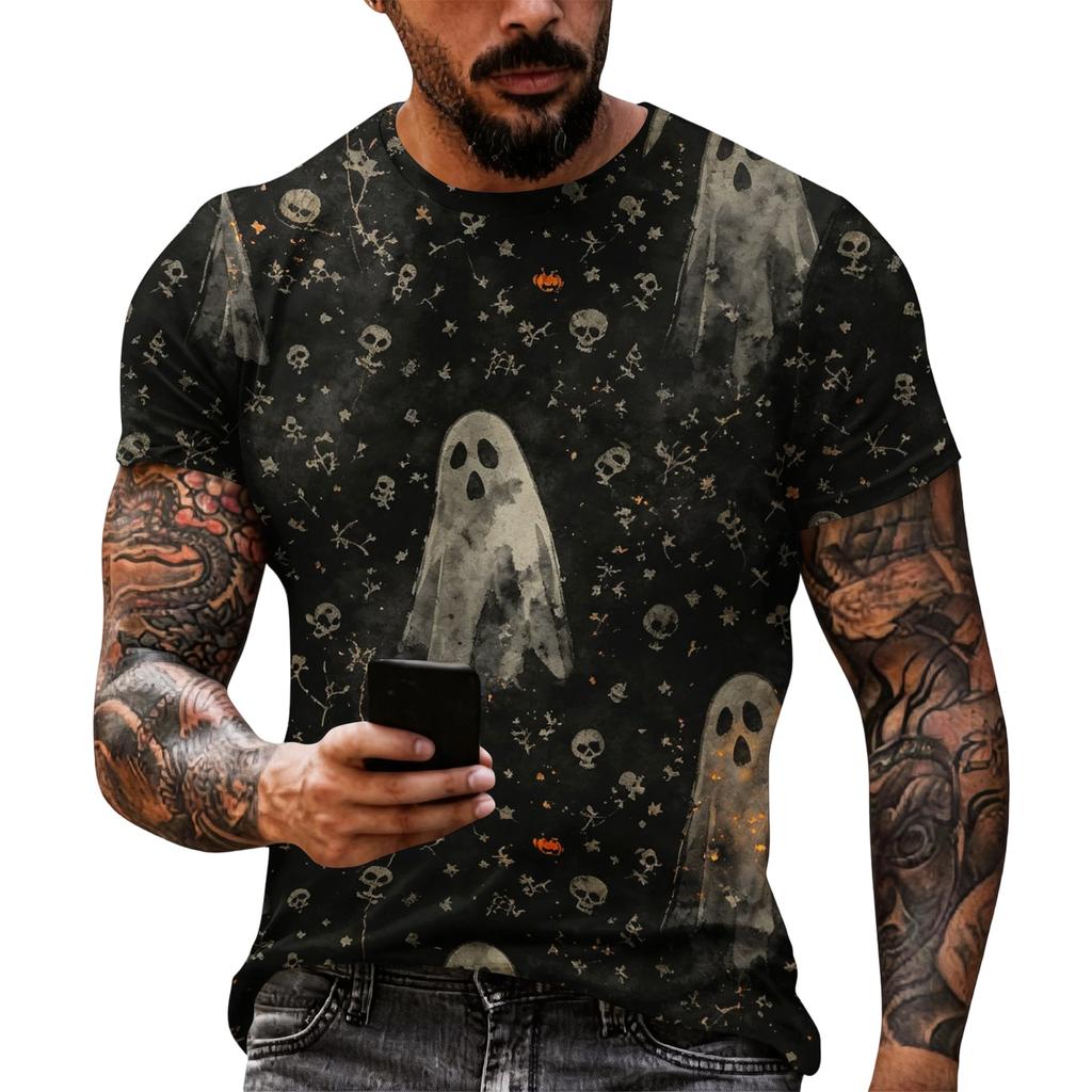 Men's Halloween Graphic Short Sleeve T Shirt Loose Fit Casual Summer Daily Top Spider Web Skull Print Comfortable Tee
