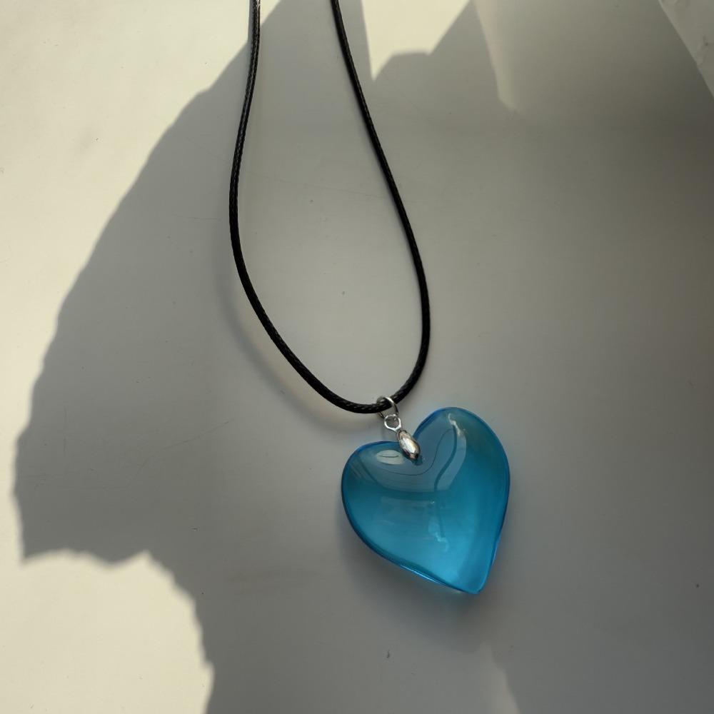 Simple Fashion Large Blue Crystal Glass Heart Pendant Black Leather Rope Necklace for Women Valentine's Day Charm Jewelry Gifts