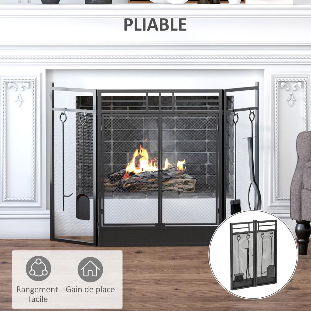 3 Panel Folding Fireplace Screen with 4 Tools Set, Steel Mesh Spark Guard with Double Door for Open Fire, Log Burner, 122W X 80H Cm, Black