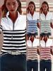 2025 Spring/Autumn Striped Zipper Lapel Long Sleeve Women's T-shirt