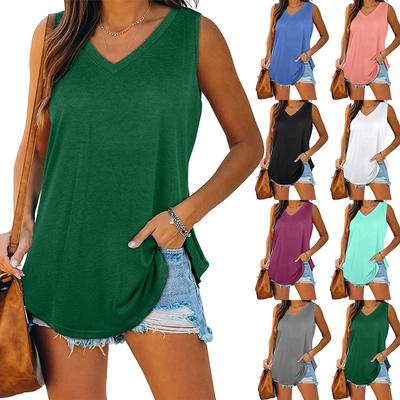 Women's V-neck, Swallowtail, Sleeveless, Solid-color Vest T-shirt
