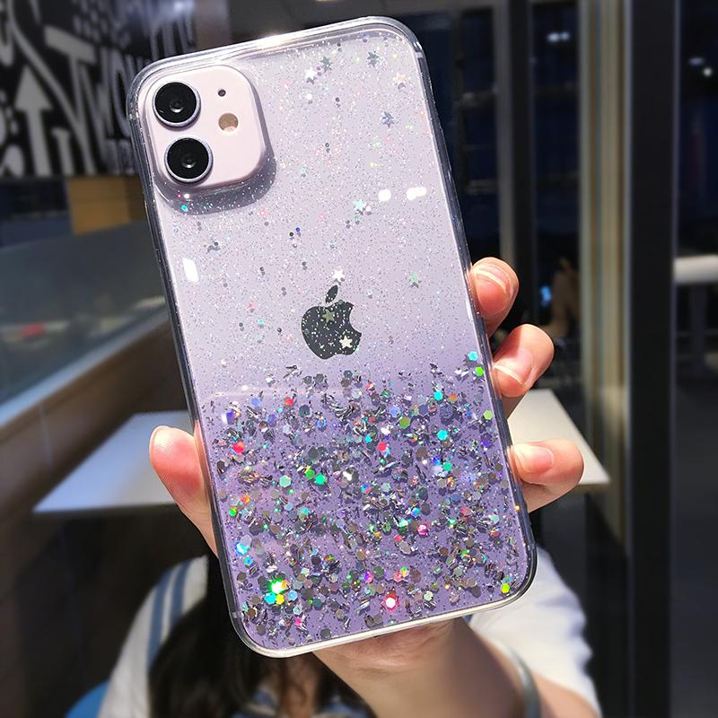 Luxury Purple Glitter Sequin Transparent Phone Case For iPhone 11 12 13 14 15 16 Pro Max XS X XR 7 8 Plus SE Soft Silicone Cover