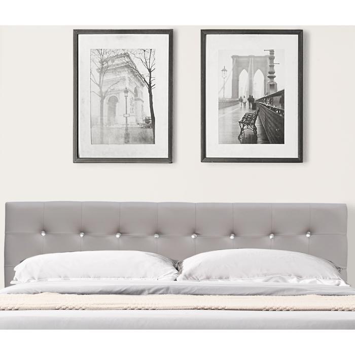 Lit avec Sommier 140x200 cm - KING OF DREAMS - Tête de Lit Capitonnée - Pieds en 10 cm - 13 Lattes - Gris
