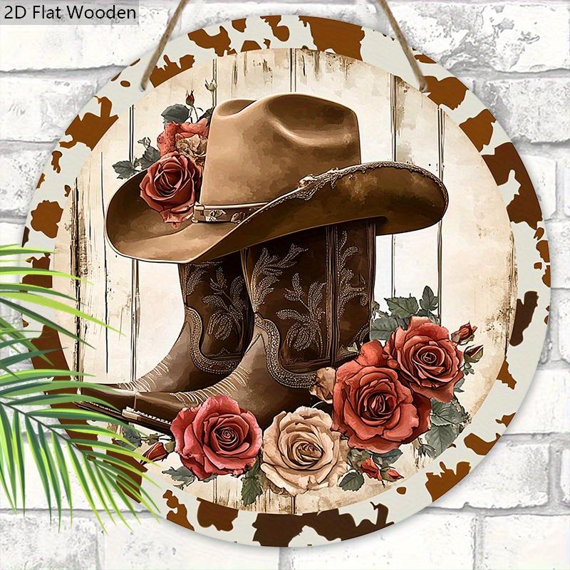Cowboy Style Wooden Sign with Boots & Flowers Pattern - Retro Round Sign for Front Door, Wall Decor - Ideal Hanging Plaque Party Decoration