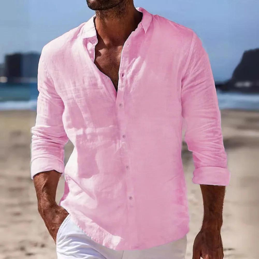 

Весна Осень Мужская Хлопково-Льняная Рубашка Длинный Рукав Однотонная Повседневные Топы Легкая Отпускной Пляжный Стиль Уютные Рубашки XXXL