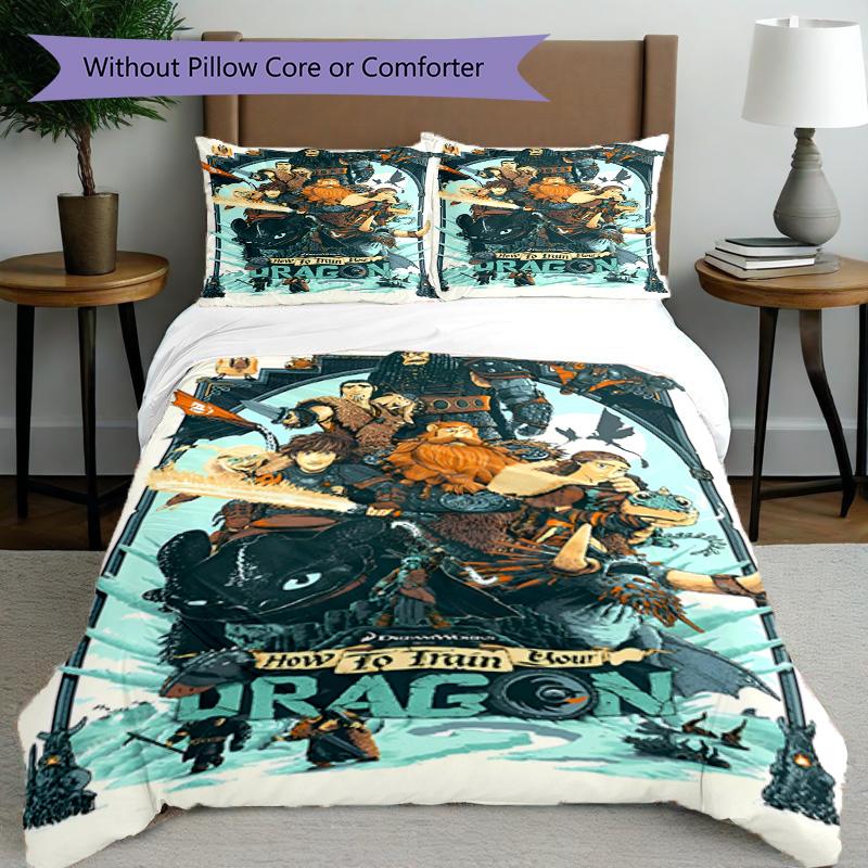 3pcs Duvet Cover Set (1*Duvet Cover + 2*Pillowcase, Without Core), How to Train Your Dragon Print Bedding Set, Bedroom Decor, All‑Season, Birthday Gif