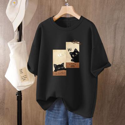 Pure Cotton Cat Printed Short-sleeved T-shirt for Women In Summer New Loose Large-size Half-sleeved Top