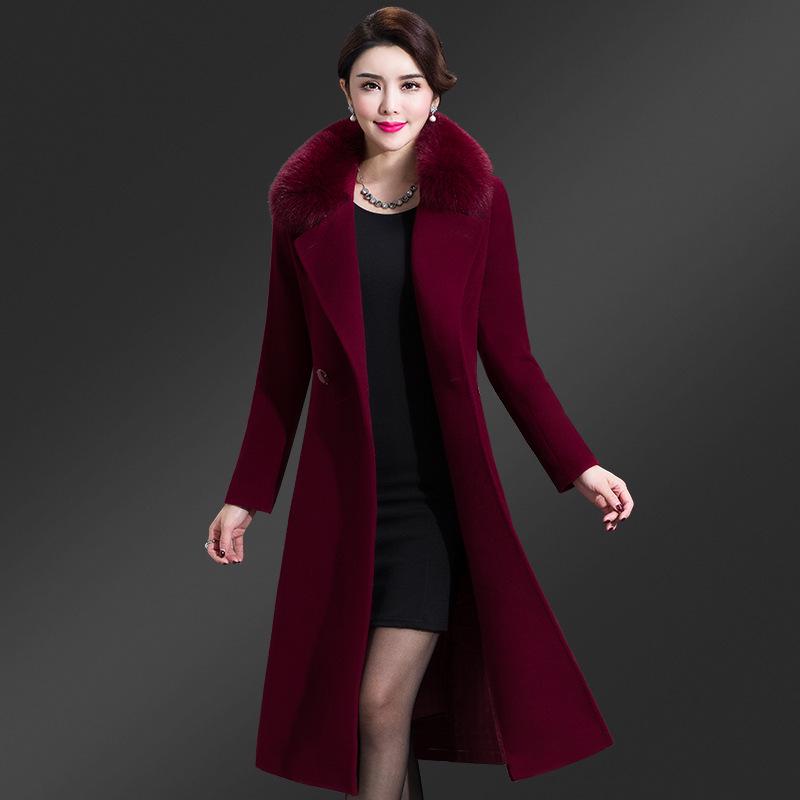 Women's Mid-Length Korean Wool Coat with Fox Fur Collar – Autumn/Winter