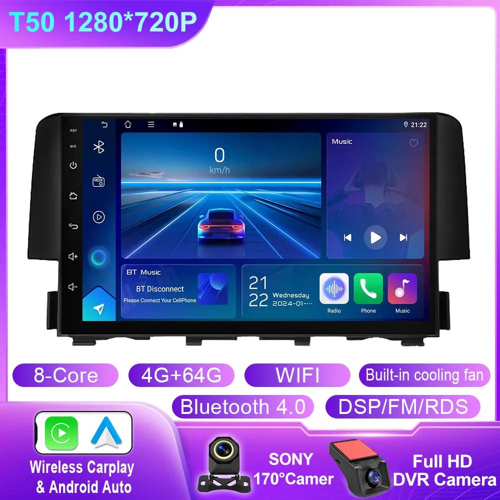 Android 14 Car Radio for Honda Civic 2016 2017 2018 2019 2020 Multimedia Player Carplay Auto GPS QLED Screen Stereo No 2din Din