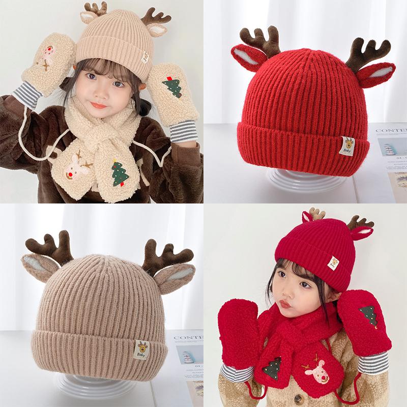 Kids Christmas Cap Cute Elk Ear Baby Beanies Cartoon Antlers Toddler Crochet Bonnet 1-4year Children Winter Warm Woolen Knit Hat
