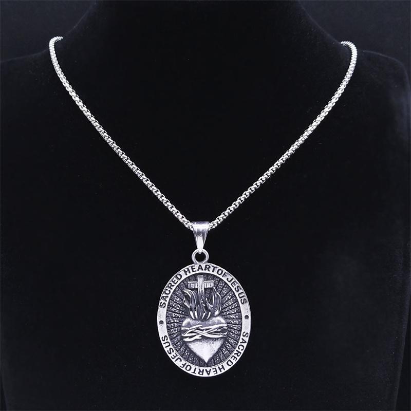 Vintage Sacred Heart of Jesus Cross God Necklace for Women Men Stainless Steel Church Chain Biker Punk Jewelry collar NZ447S02