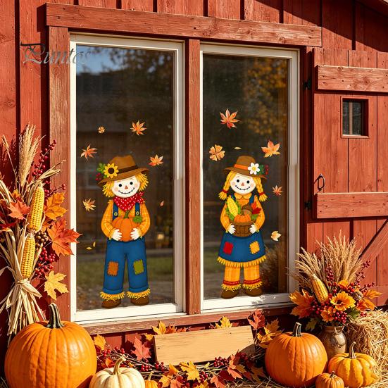 Harvest Festival Glass Stickers Fall Window Clings, Autumn Scarecrow Maple Leaf Stickers, Reusable Double-Sided Theme Ornaments Static PVC Decals for