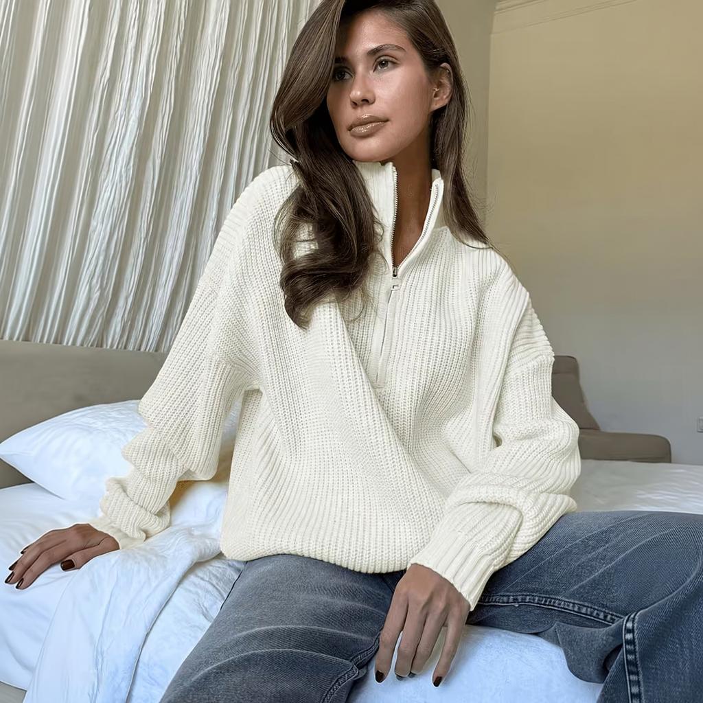 Women's Oversized Knit Pullover Sweater with Zipper, Versatile Casual Top for Fall and Winter