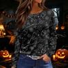 Women's Long Sleeve Round Neck Top with Halloween Print and Side Split Hem