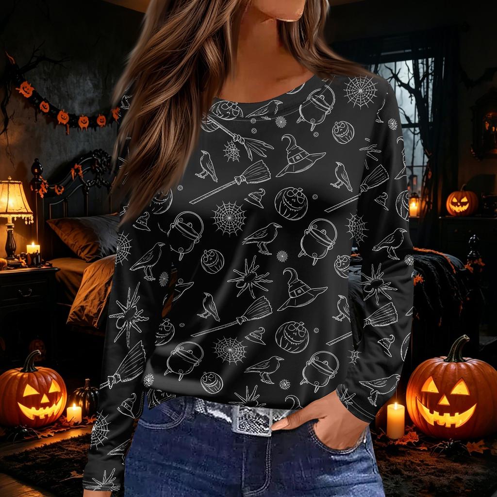 Women's Long Sleeve Round Neck Top with Halloween Print and Side Split Hem