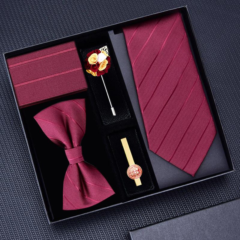 Gift Box Groom S Wedding Tie Burgundy Set Bow Tie Square Scarf Tie Clip Wedding Men S Zipper