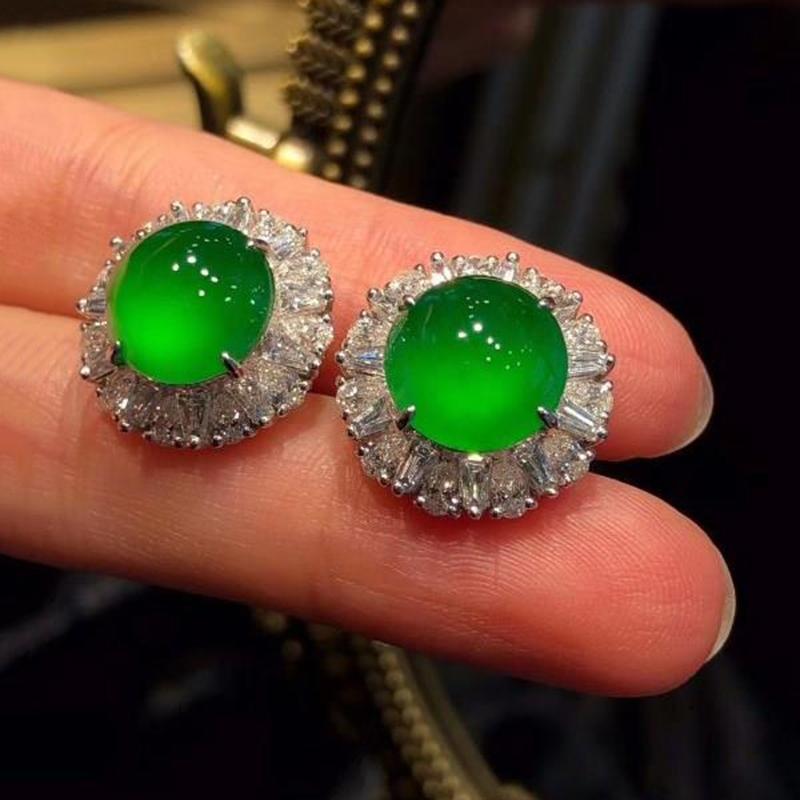 New Inlaid Natural Hetian Full Green Chalcedony Round Flower Large Earrings Luxury Exaggerated Retro  Jewelry