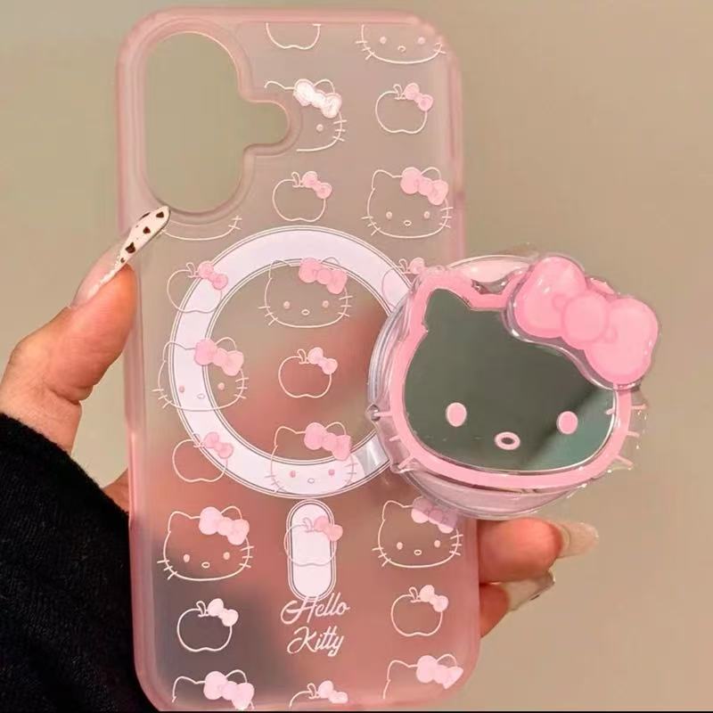 Cute Sanrio Hello Kitty Magnetic Magsafe Wireless Charge Phone Case For iPhone 17 16 15 14 13 Pro Max Mirror Grip Holder Cover