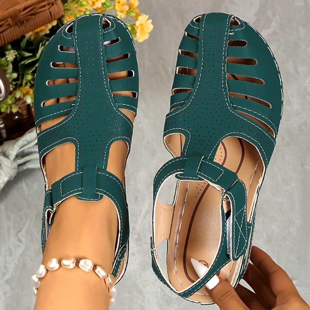 WOMEN'S SOLID COLOR SLOPE HEEL SANDALS WITH TOE STRAP - Comfortable Round Toe Design, Mid-height Heel, Synthetic Overlay Fabric and PU Sole, Sandals