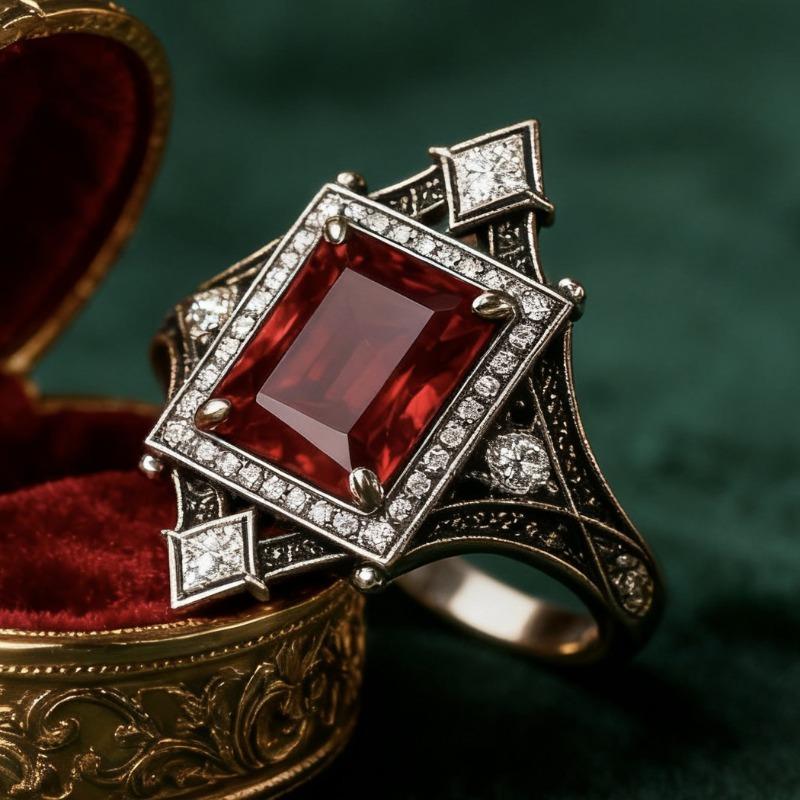 

European and American new fashionable retro red zircon inlaid personalized versatile men s and women s rings 6&Silver Plated красный