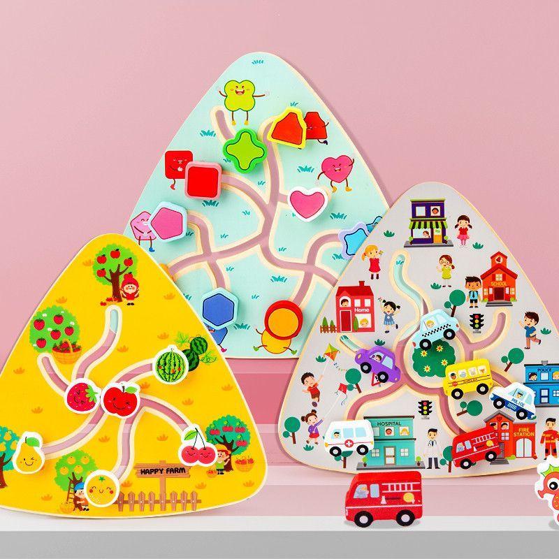 1Pc Triangular Wooden Track Pairing Toy Cartoon Slider Movable Color Shape Recognition Game Suitable For Children Ages 3+