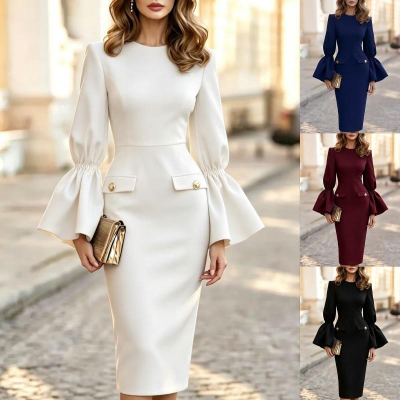 2026 Elegant Round Neck Puff Sleeve Wrap Waist Long Midi Dress Office Wear