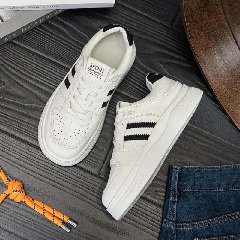 New Fashion Women Genuine Leather Casual Shoes Striped White Flat Platform Shoes Thick-soled Sneaker