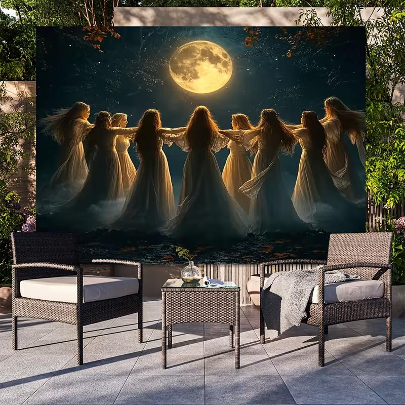 

2D Wiccan Moon Ritual Tapestry, Women Dancing Under Full Moon Wall Decor 47.2x31.5inch/120*80cm