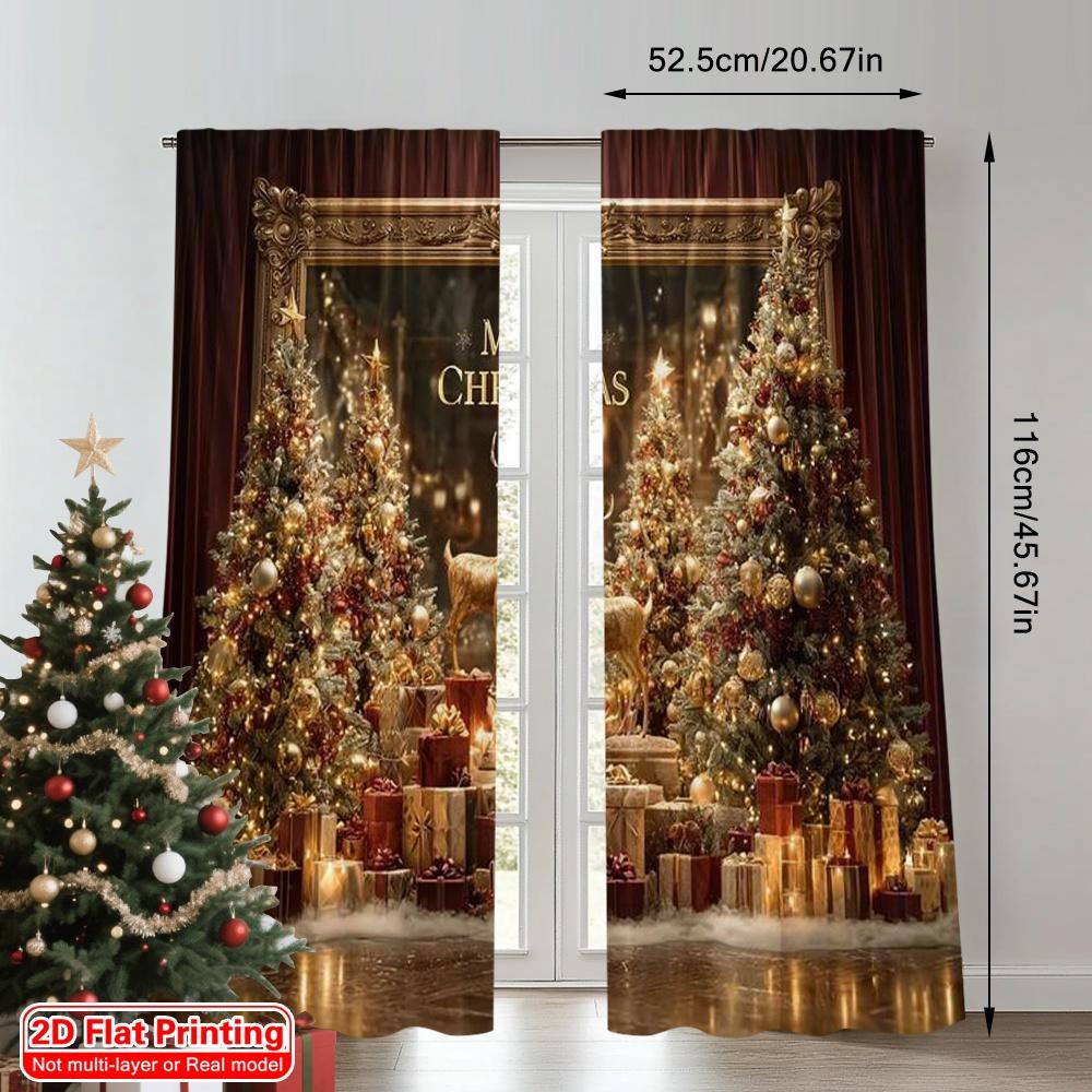 2pcs 2D flat printing Christmas Window Curtains merry christmas11 100% Polyester Without Electricity Spring Perfect for Festive