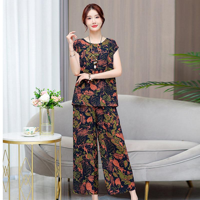 Plus Size Summer Pants Sets for Women  Elegant Loose Vintage Print 2 Piece Outifts
