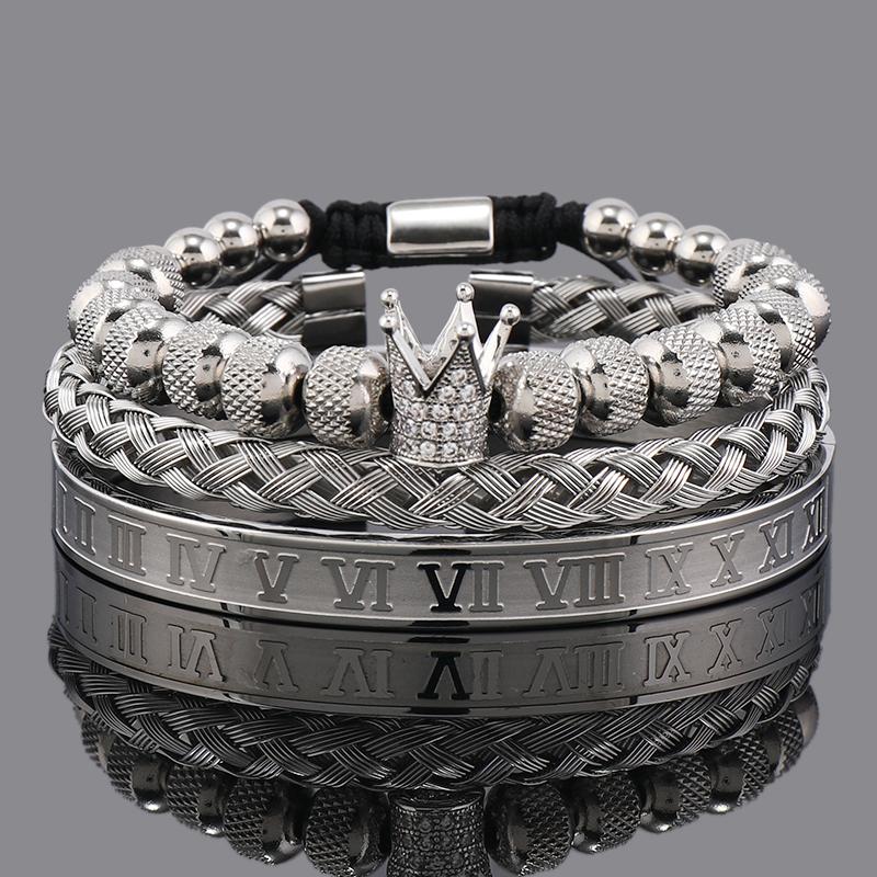 Set di Lusso Ciondoli Corona Bracciale Uomo Acciaio Inossidabile Romano Braccialetti Donna Gioielli per le Mani Regalo di San Valentino