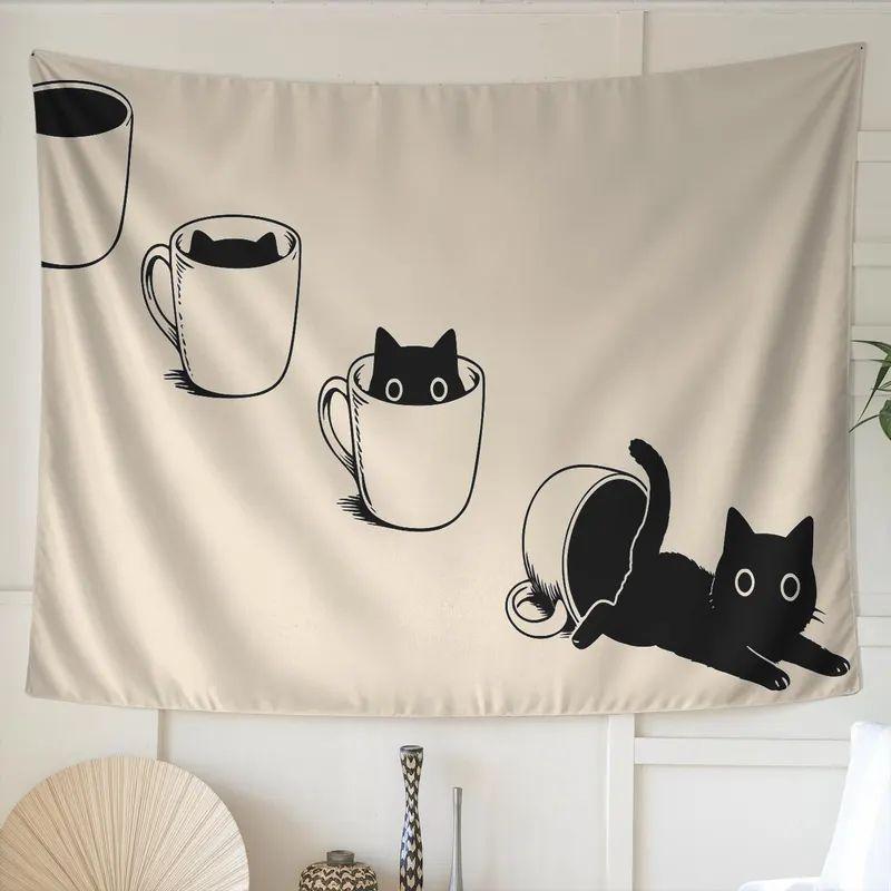 Tapestry of a funny black cat in mugs 75x100
