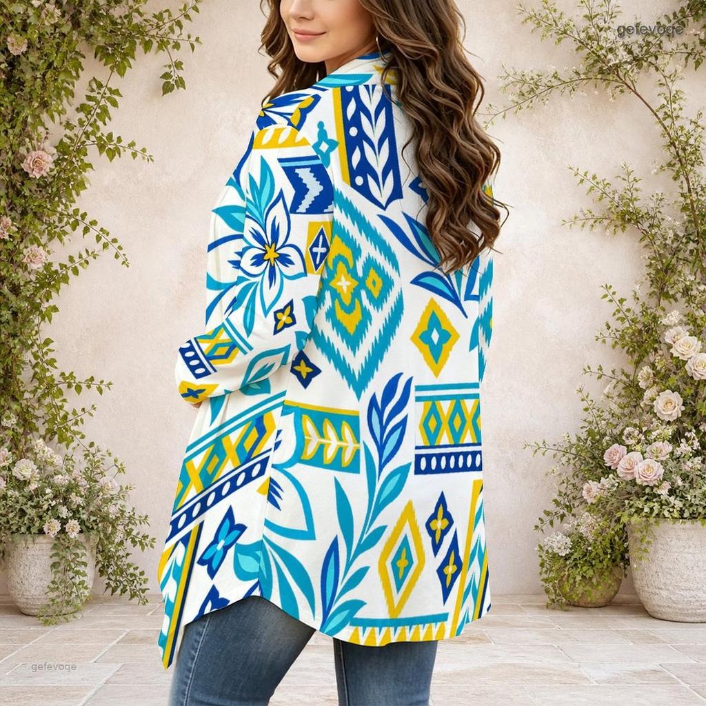 Women s Plus Size Dark Green Printed Draped Collar Long Sleeve Open Front Curved Hem Cardigan