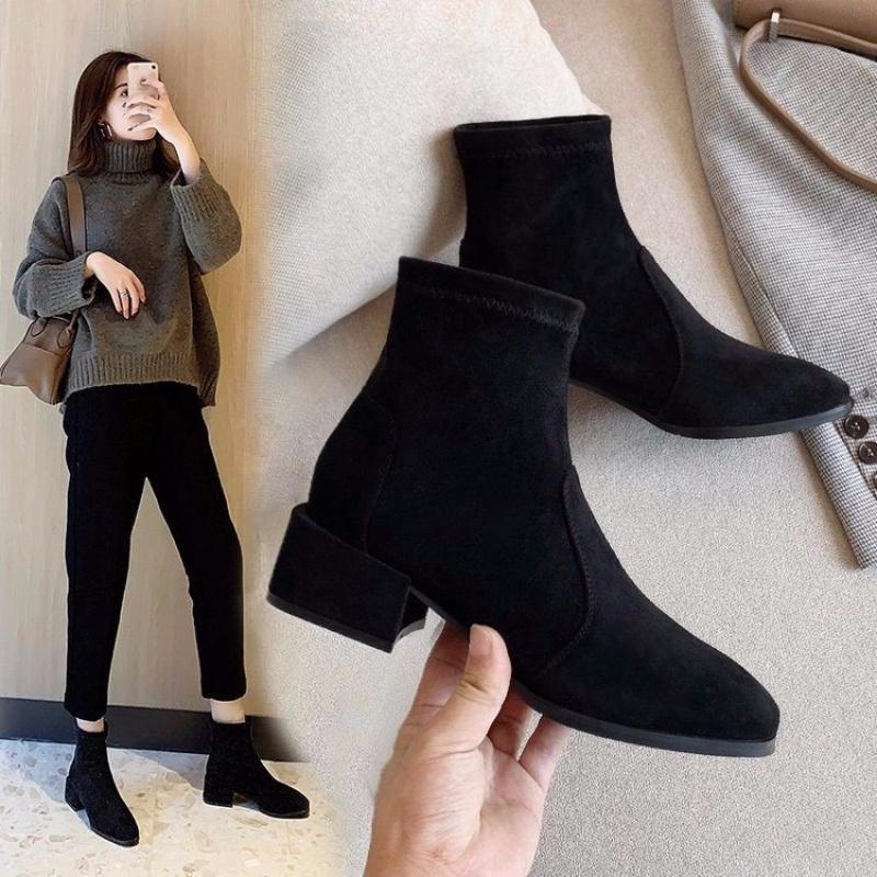 Suede Boots Women Short Boots 2025 New Autumn and Winter Thick Heel Medium Heel Slim Boots Black Plus Velvet Women's Boots