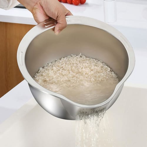 Manual Rice Washer, Stainless Steel, with Colander, Rice Drainer, Large Sloping Mouth Strainer, Rice Polishing Bowl, and Vegetable Drainer for Washing