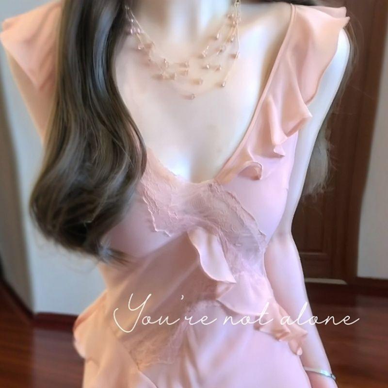 Pink Halter Neck Ruffle Maxi Dress Sleeveless Split Hem Elegant Party Dress for Women