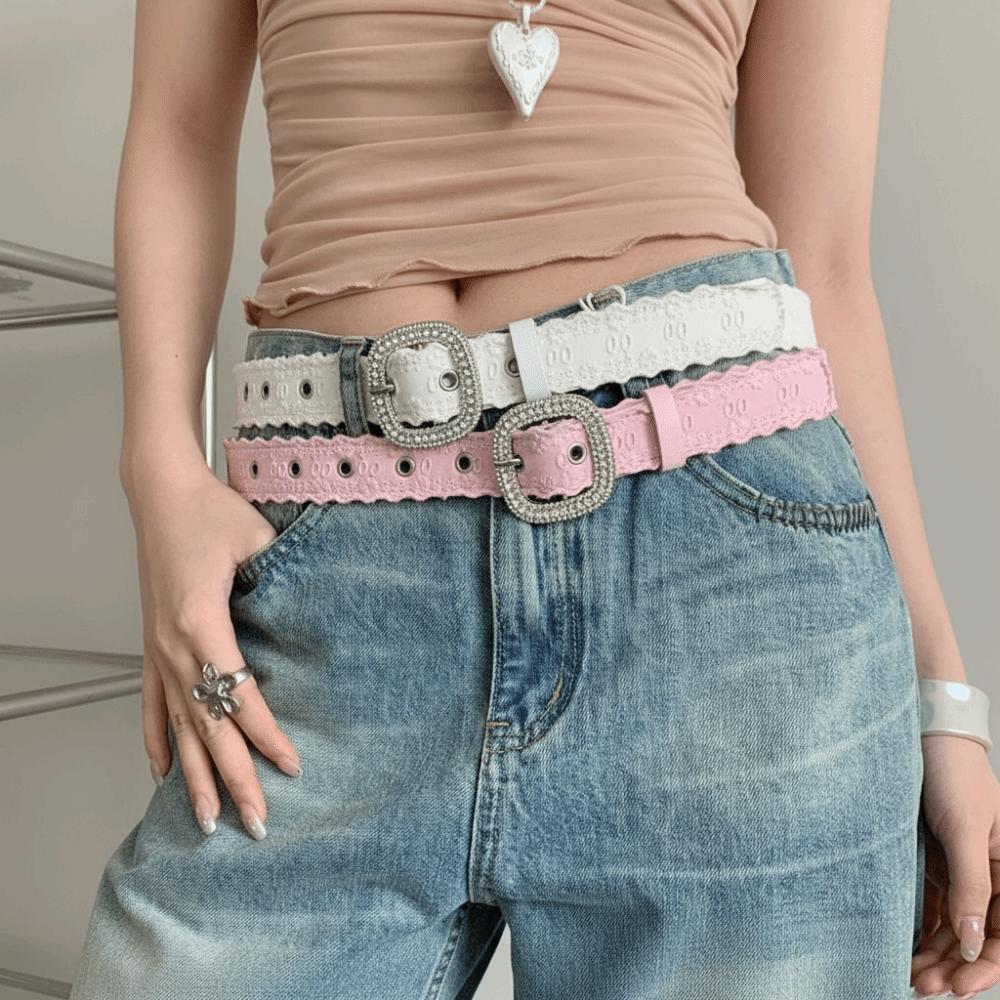 Y2K Lace Belt PU Leather Women Waistband Trend Rhinestone Belt Jeans Accessories