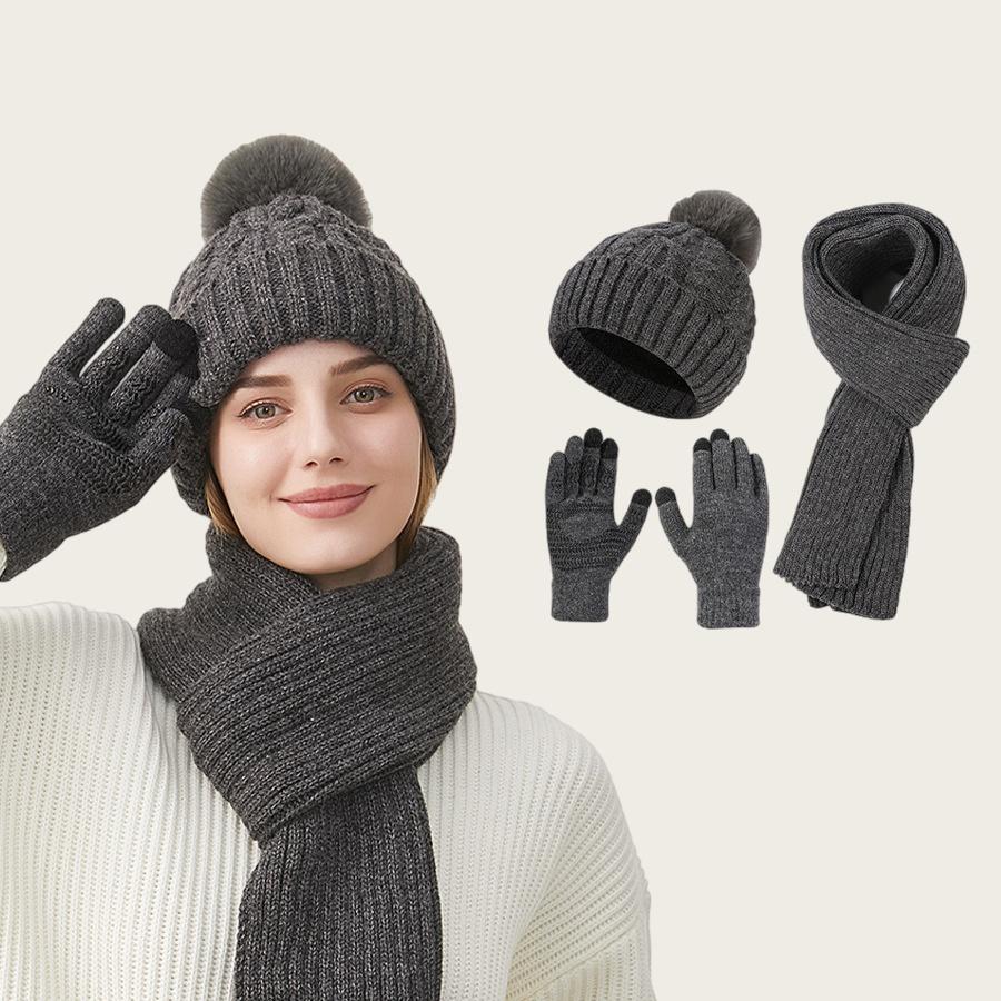 Knitted Hat Scarf Gloves Women's Winter Thick Ear-Warming Hat and Neck Warmer Set 3Pcs