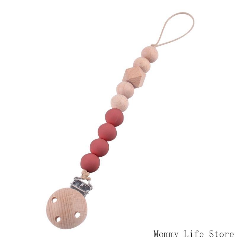 Wooden Nipple Clip Teething Bead Pacifier Anti-Lost Chain Soother Clip Baby Teether Toy Hanging Clip Nursing Accessories