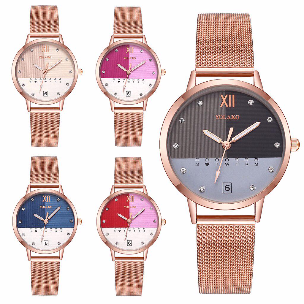 Mode Frauen Rose Gold Edelstahl Mesh Gürtel Doppel Farbe Uhr Luxus Damen Quarzuhr