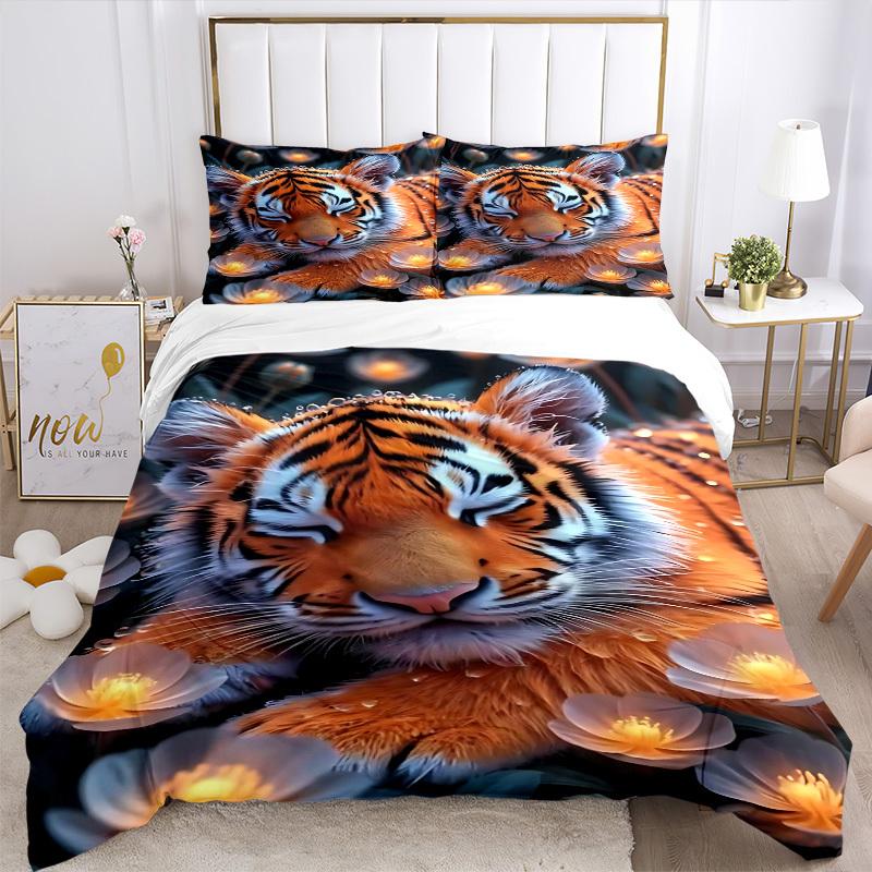 3pcs Tiger Floral Print Duvet Cover Set - Includes 1 Duvet Cover and 2 Pillowcases, No Quilt Core, All-Season Home Decor Yy251111057