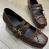 Cowhide version~ New retro ballet flat shoes bow thick heel college style Mary Jane small leather shoes women