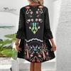 Summer Lady Dress Hollow Out Lace Patchwork Bohemian Three Quarter Sleeves Loose V Neck Printed Pleated Knee Length Vacation Beach Midi Dress